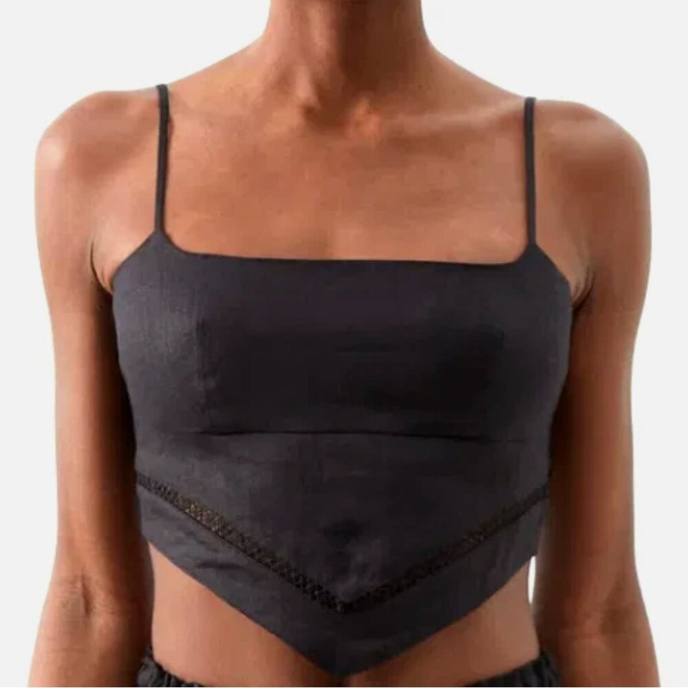 Staud Loyalty Linen Cropped Top, Black, Size Large, NWOT